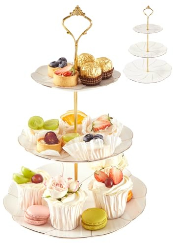 DUJUST Luxury Porcelain 3-Tier Cupcake Stand Tower, British Style Serving Tray with Golden Trim, Food Grade Dessert Display Stand, Beautiful Gift for Tea Party & Home Décor