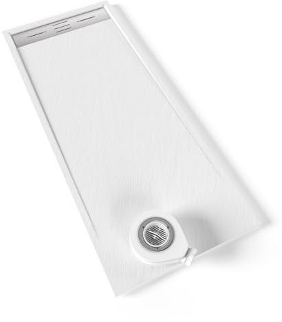 Moments of Glass SMC Duschwanne HIEMAL 70x180 cm Weiß RAL9016 extra flache robuste Duschtasse, ANTI-Rutsch-Oberfläche in Schieferoptik inkl. Ablaufgarnitur mit Edelstahl Deckel