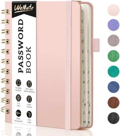 WEMATE Spirallösenordsbok med alfabetiska flikar, liten lösenordsinnehavare bok för seniorer, internetlösenord anteckningsbok inbunden lösenord journal loggbok – 12 x 15 cm (rosguld)