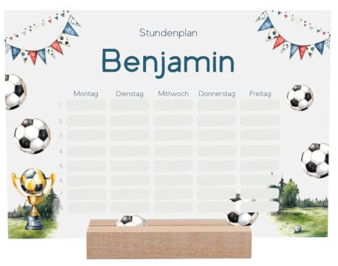 Stundenplan abwischbar personalisiert mit Namen + Holzhalter und Stift - DIN A4 - Personalisierte Fussball Geschenke - Abwischbarer Stundenplan Junge - Schulstart - Fussball Geschenke Jungen