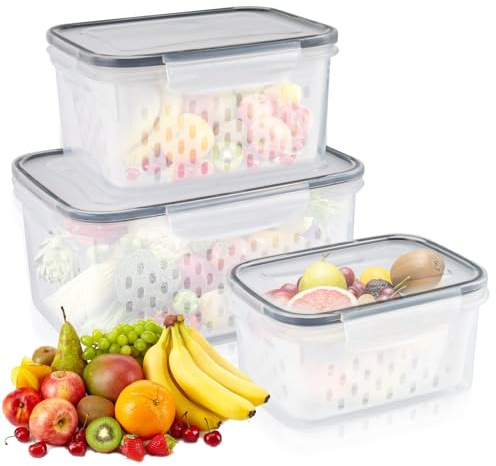PEGRAUFC Kühlschrank Organizer mit Deckel und Trennbar Sieb 3er Set Frischhalteboxen Kunststoff Stapelbare für Obst Gemüse Salat Beeren Eier Kartoffel Aufbewahrung (0.85L+1.75L+3.3L)
