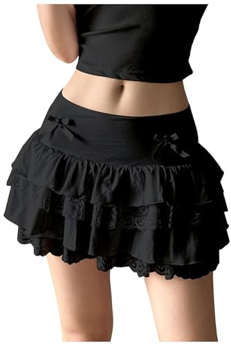 Damen Ballettrock Lagenrock Kurze Rock Niedrige Taille Petticoat Sexy Damenrock Tutu Rock Schleife A-Linie 80er-Jahre-Kostüme Sexy Minirock Tennisrock Tanzrock Faltenrock mit Rüschensaum (Black, S)