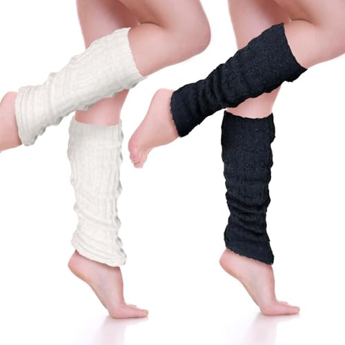 Potieero 2 Pairs Leg Warmers Ladies, Black and Cream White Winter Knit Ankle Warmer for Women, Warm Long Boot Socks 80s Retro Japanese Style for Ice Skating Ballet Yoga Party (Black, White)
