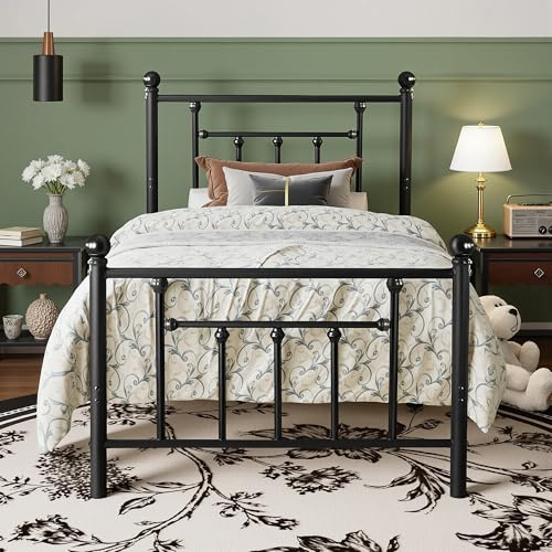 VECELO Cama de Metal de 90 x 200 cm con somier de Listones y cabecero Alto, Moderno, Cama Juvenil, fácil de Montar, para Dormitorio, habitación de Invitados, Color Negro