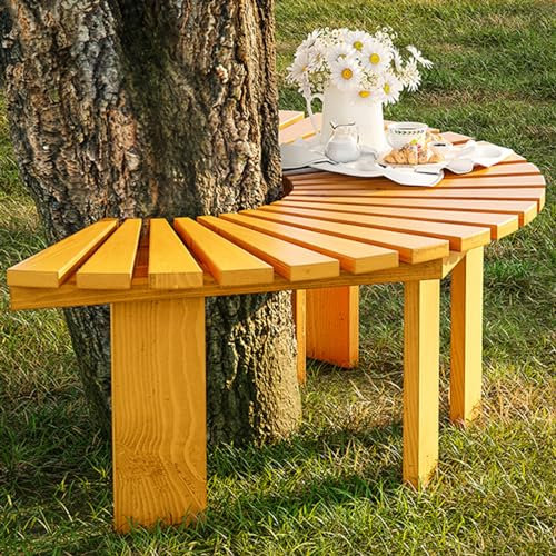 Holz-Baumbank, halbrund, Gartenbank für Park, Hof, Veranda, Rasen, Outdoor, Allwetter-Möbel, Dekoration, Sitzgelegenheit, gelb, halbrund