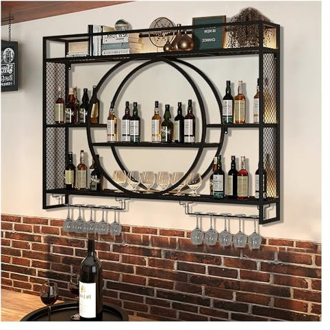 Generico Portabottiglie sospeso, portabottiglie da Parete, portabottiglie in Metallo da Parete, mensola espositiva per Bottiglie di liquore illuminata a LED, Mobile Bar con portabicchieri, espositore