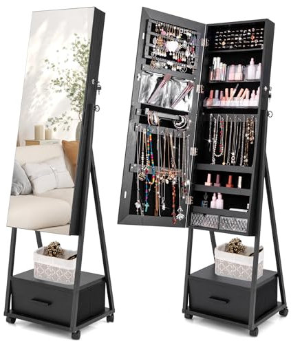 RELAX4LIFE Schmuckschrank mit Spiegel & Rollen, Spiegelschrank 360° Drehbar & Freistehend, Abschließbarer Schmuckorganizer mit Schubladen, Schmuckregal für Ohrringe Kette Ringe Kosmetik (Schwarz)