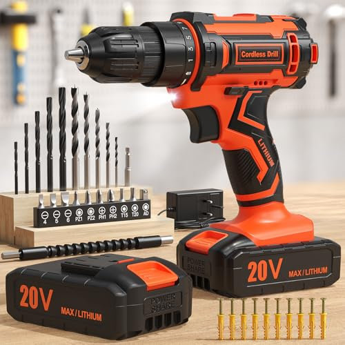 VIWKO Cordless Drill, 20V Electric Combi Drill Set with 2.0Ah Rechargeable Battery, 42 Pcs Accessories Power Drills, Electric Screwdriver 370 in-lb 25+1 Torque, Power Tools for DIY & Home Projects