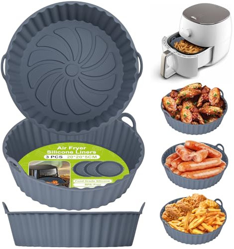 Alyvisun Moule Silicone Air Fryer, 3 Pièces Panier Moule pour Airfryer Réutilisable Friteuse à Air Chaud Plat Pot Ronde Doublure Liner pour Friteuse Air, Micro-ondes, Four (Gris)