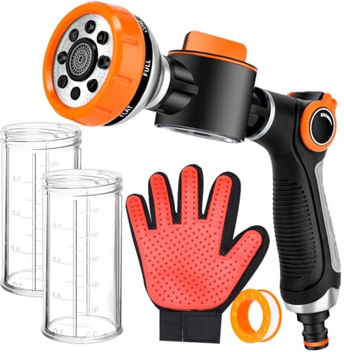 Upgrade Dog Washing Hose Attachment with Replacement Soap Bottle, 8 Spray Patterns Dog Wash Hose Attachment with Dog Washing Gloves, Suitable for Watering Plant, Patio, Cleaning, Showering Pet