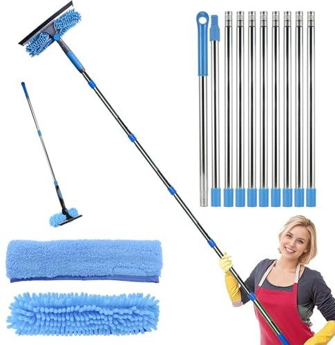 Window Cleaning Kit - 2 in1 Telescopic Window Squeegee Cleaning Equipment with 10 Extension Pole, 4.25m Long Reach Window Cleaner Brush Tool with Spare Microfiber Cloth Squeegee Strips