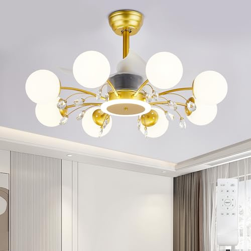 Depuley Gold Kronleuchter Deckenventilator: Moderne 8 Lichter Kronleuchter mit Ventilator und Kristall 32 für Home Decor - Deckenventilator mit Fernbedienung für Wohn - Messing Gold 3 Farbe Licht