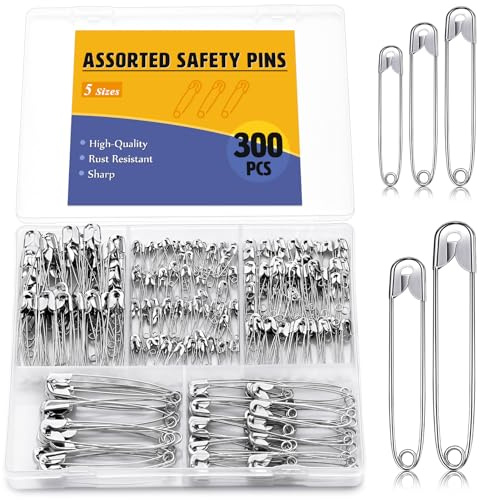ENCHOL 300 Pcs 5 Sizes Safety Pins, Assorted Safety Pins for Clothes | Small Medium Large Safety Pins, Heavy Duty Safety Pins for Arts, Crafts, DIY Jewellery and Sewing