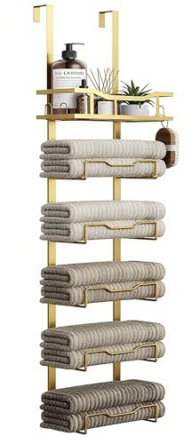 Hanging Towel Racks for Bathroom No Drill - 6-Tier Over The Door Bath Towel Storage Organizer for Small Bathrooms - Tiered Back of Door Towel Holder Hanger for Rolled Towels RV Camper Gold
