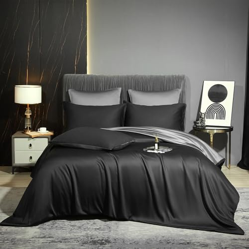 Luofanfei Kühlende Bambus Bettwäsche 135x200 Sommer Schwarz Grau | Uni Bambusfasern Lyocell Glänzend Bettwäscheset Atmungsaktiv Bamboo Muster Bettbezüge und Kissenbezug 80x80 cm Bügelfrei