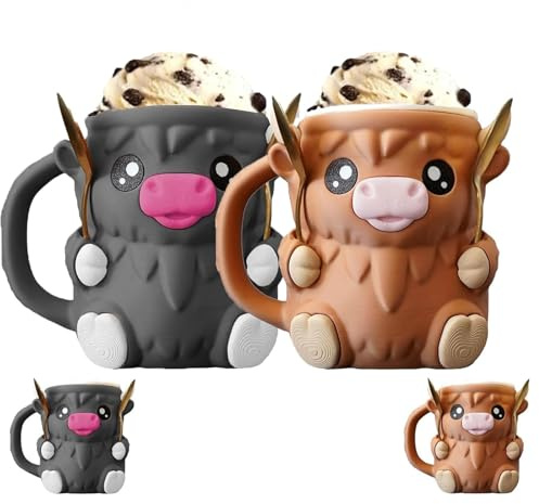 Eisbecher Halter Ice Cream Holder, Süße Highland Cow 3D Gedruckte Pint Eiscreme Halter und -Behälter, Auslaufsichere Wiederverwendbarer Gemütlicher Bierdosenhalter mit Griff & Löffel(Black+brown)