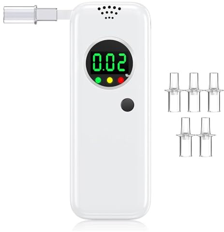 AURIVEE Alcoholímetro Professional con Pantalla Digital LCD - Medidor de Alcoholemia Portátil de Alta Precisión para Hogar y Fiestas, Incluye 5 Boquillas