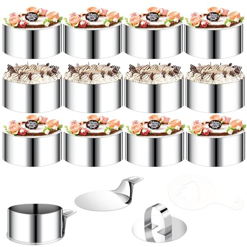 VINATO Set di 12 Anelli per Dolci in Acciaio Inossidabile con 2 Coperchi e 4 Fondi - 16 Stencil Decorativi - Ø 8 cm Stampo per Mousse, Biscotti, Donuts e Torte