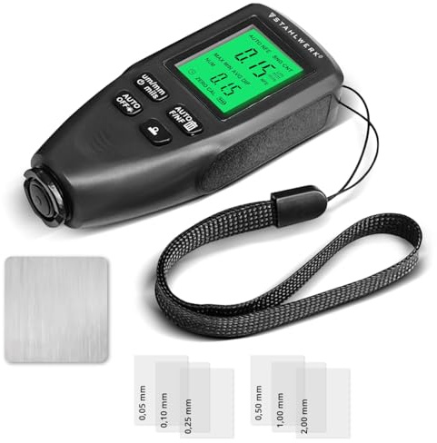 STAHLWERK Schichtdickenmessgerät – Kompakter Lackdickenprüfer 0-2000 µm für KFZ und Materialprüfung, Dual-Sonde-Messgerät zur Bestimmung von Lackdicken, präziser Fe/NFe Lackdickenmesser für Metall