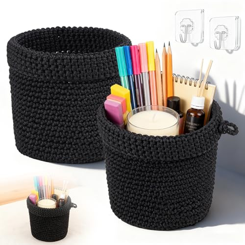 Hängande korg, 2 stycken runda väggkorgar hängande svart bomullsrep korg för upphängning förvaringskorg för kök badrum sovrum vardagsrum 13 x 14 cm