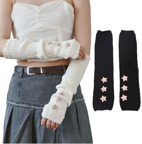 Zosutetoxo 2stück Armstulpen Damen Set Handstulpen Y2K Negro Blanco Tejido Estrella Accesorios Goth Calentadores de brazos para Mujeres Niñas