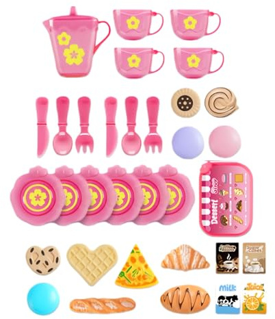 Cocina de juguete para niños | Juego de té realista con 33 piezas – Juego de cocina de juguete para niñas – Para niños y niñas cumpleaños Navidad Año Nuevo Pascua casa e interior