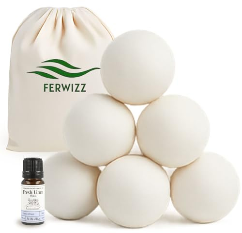 Ferwizz Wool Dryer Balls with Fresh Linen Fragrance Oil – 6 Natural Wool Balls for Tumble Dryer – Reduce Static, Wrinkles & Drying Time – Reusable Laundry Balls with Drawstring Bag