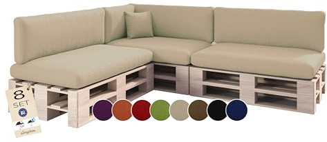 sunnypillow Set de 8 Coussins pour Canapé Palette - Matelas Extérieur Impermeable, Anti UV - d’Assise 120 x 80 x 15 cm + Dossier 120 x 40 x 20/10 cm - Coussin Salon de Jardin, Terrasse - Ecru