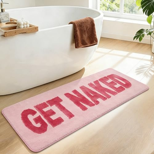YUESIKJ Badezimmerteppich “GET Naked” Bunt Badematte rutschfest 120 * 44cm Waschbar Badteppich “GET Naked” Bath Mat Spaßig Badvorleger für Dusche WC Deko, Saugfähig Badvorleger (Rosa)