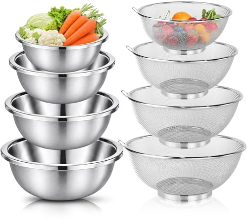 8 Pack Stainless Steel Colander and Mixing Bowl Set, 20-26 cm | Stackable Kitchen Strainers and Prep Bowls, 0.95-4.7 L, for Pasta, Rice, Salad, Baking, Washing and Draining