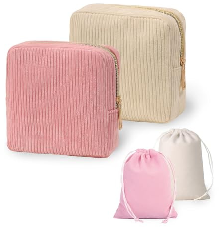 MSLSOZ 2Pcs Sanitary Pad Storage Bags with Drawstring Pouches, Corduroy Sanitary Napkin Storage Bag with Zipper, Pad/Menstrual Cup/Tampon Period Storage Bags for Girls & Women
