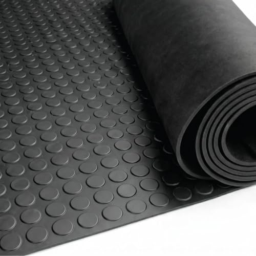 Suelo Goma Botones Negro LESTARE | Pavimento Caucho Círculos Antideslizante en Rollo 5 m, Espesor 3 mm, Revestimiento para Garaje Taller Furgoneta Comercio (1x5 Metros)