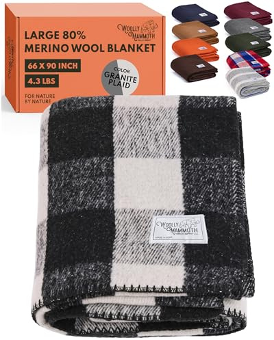 Woolly Mammoth Woolen Company Urlaub auf dem Bauernhof Kollektion Karierte Wolldecke 66 x 90 Schwarz/Creme Plaid | Temperaturregulierend – feuerfest – warme Campingdecke für Auto-Notfall-Kits, Picknicks, Sommerfestivals und Stadien