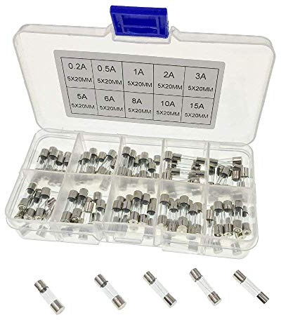 JZK 100 x Quick blow glass fuses set, 20 x 5mm, fast blow assorted fuses kit with box, Amp values: 0.2A 0.5A 1A 2A 3A 5A 6A 8A 10A 15A