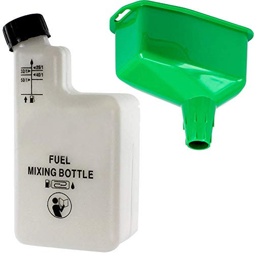 Spares2go 1 l Mischflasche für Kraftstoff/Öl + Trichter mit starrem konischem Auslauf für Benzin-Rasenmäher/Freischneider/Trimmer (1 l)