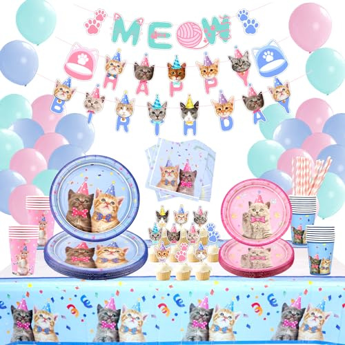 LSJDEER 210 stück cat partyzubehör dekoration set, kätzchen wegwerfgeschirr einschließlich alles gute zum geburtstag banner macaron ballons abendessen teller dessertteller servietten