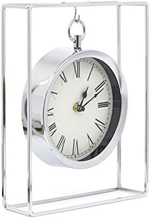 Stylish Hanging Sliver Modern Mantel Clock | Suspended Chrome Table Clock | 25cm Living Room Mantle Clock
