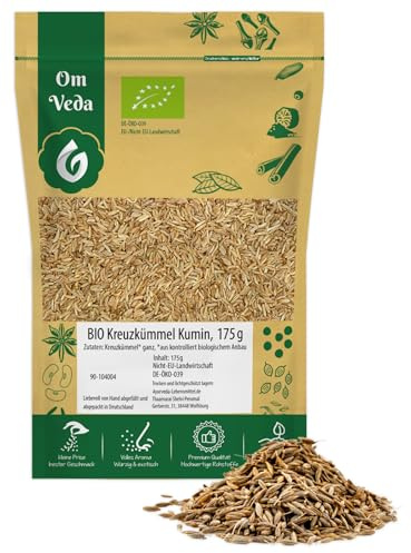 BIO Kreuzkümmel Samen Ganz 175g | Premium Cumin Seeds für Indische, Orientalische & Vegane Küche | Ideal für Curry, Gemüse, Chutneys, Pickles & Fleischgerichte | OmVeda Bio Gewürz DE-ÖKO-039