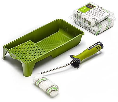 10 x Colorus Premium Polyamid Heizkörperwalzen 10 cm 12mm Flor | Farbwalze für Wandfarben, Latexfarben | Inklusive 2K- Aufsteckbügel und 15 cm x 32 cm Farbwanne | Farbrolle Malerrolle Malerwalze