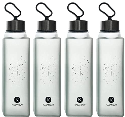 HAC24 4er Set Trinkflasche Glas 420ml Grau Auslaufsicher mit Silikonschlaufe Glasflasche Wiederverwendbar Wasserflasche Robust Indoor Outdoor