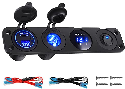 Thlevel USB C Steckdose 12V QC3.0 PD Auto Ladegerät Zigarettenanzünder LED Voltmeter und Schalter Panel für 12V-24V KFZ Boot Wohnmobil