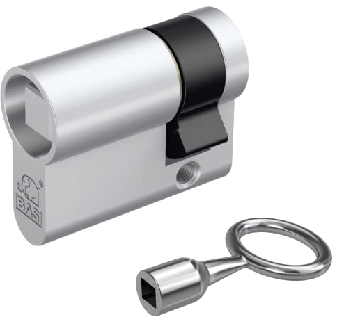 BASI | Vierkant Halbzylinder 10/30 mm mit passenden Dornschlüssel | Vierkant Zylinder | 8 mm innenliegend | für Absperrpfosten Schaukästen Feuerwehr Müllbehälter Schlüsselschalter