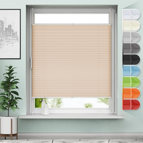Sanfree Plissee Klemmfix Plisseerollo ohne Bohren Creme B35 x H130cm inkl. Klemmträger Blickdicht und lichtdurchlässig Jalousie Faltrollo Sichtschutz und Sonnenschutz Rollo für Fenster & Tür