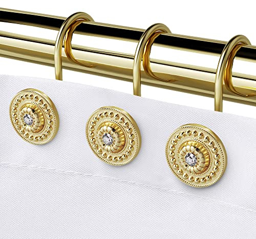 Gold Shower Hooks & Rings Set of 12 - Rust Proof Metal Decorative Hangers for Bathroom Shower Curtain Rod | Zinc alloy & acrylic rhinestone design; 4 mm thick wire holds up to 50 lb; anti-rust coating for wet bathroom