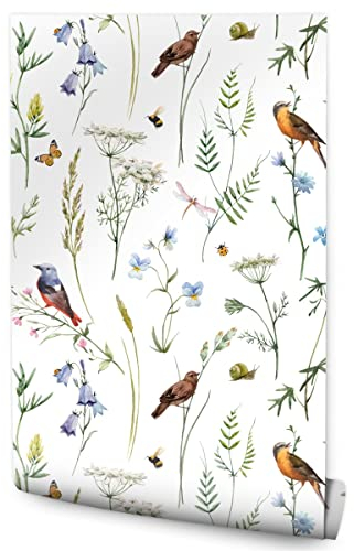 Muralo Vlies Tapete 10m Tapeten Rollen VÖGEL Blumen Blätter Insekten Natur Dekor XXL Vliestapete 1000 x 53cm Wand Tapete Esszimmer Wohnzimmer Schlafzimmer Moderne Muster Wand Dekoration