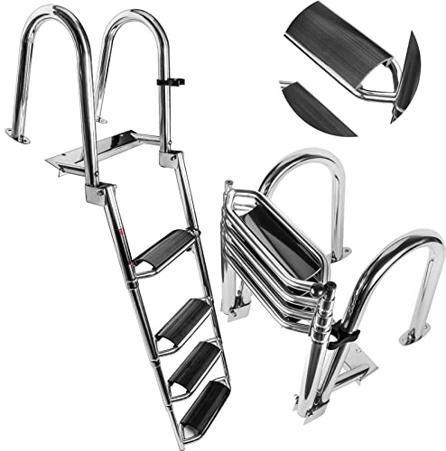 4 Steps Telescoping Boat Ladder Reinforce Dock Ladder Heavy Duty Swim Deck Ladder with Hand Railings and Extra Wide Steps