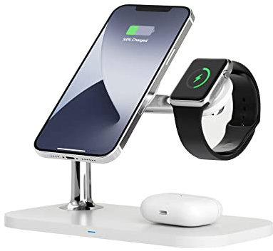 RealPower ChargeAIR Mag drahtloses 3-in-1-Ladegerät mit MagSafe für iPhone 14, 13, 12 + Apple Watch + AirPods (lädt iPhone 14-Modelle magnetisch mit bis zu 15 W auf)