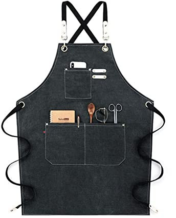 Yurosiay Lang Canvas Kochschürze Grillschürze mit 3 Taschen Mode Kosmetikschürzen Barista Schürze Arbeitsschürze Nail Artist Schürze Schreinerschürzen Kochschürzen für Männer Damen Schwarz
