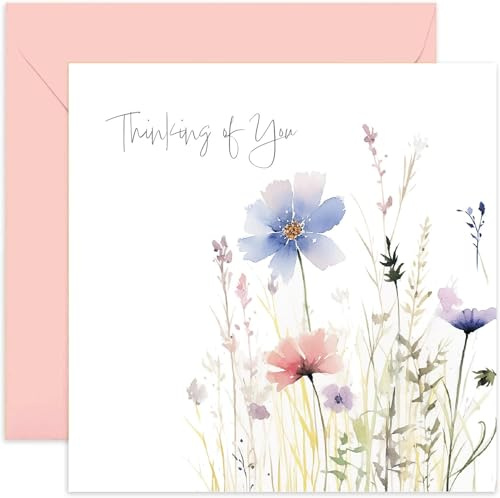 Old English Co. Sympathy Greeting Card for Loved Ones - 'Thinking of You' Painted Floral Flower Meadow Sympathy Card - Thinking of You Card for Men and Women | Blank Inside Envelope