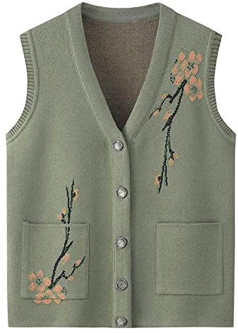 LCDIUDIU Middle Aged And Elderly Warm Knitted Cardigan Sweaters Sleeveless Vest,Old Lady Casual Green Top Grandma Knitted Cardigan Coat Jacket Women'S Spring Autumn Warm Waistcoats,Xxl